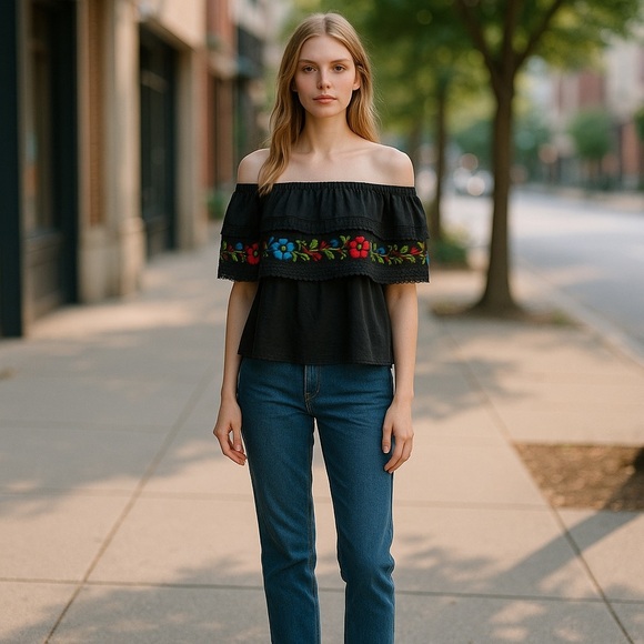 Embroidered Flowers Off The Shoulder Traditional Blouse - Picture 1 of 16